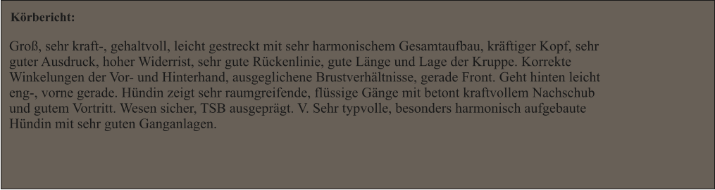 Krbericht: Gro, sehr kraft-, gehaltvoll, leicht gestreckt mit sehr harmonischem Gesamtaufbau, krftiger Kopf, sehr  guter Ausdruck, hoher Widerrist, sehr gute Rckenlinie, gute Lnge und Lage der Kruppe. Korrekte  Winkelungen der Vor- und Hinterhand, ausgeglichene Brustverhltnisse, gerade Front. Geht hinten leicht  eng-, vorne gerade. Hndin zeigt sehr raumgreifende, flssige Gnge mit betont kraftvollem Nachschub  und gutem Vortritt. Wesen sicher, TSB ausgeprgt. V. Sehr typvolle, besonders harmonisch aufgebaute  Hndin mit sehr guten Ganganlagen.