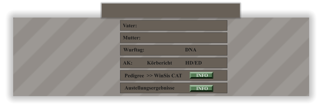 Vater:           Mutter:         Wurftag:                               DNA AK:           Krbericht          HD/ED         Pedigree  >> WinSis CAT  Austellungsergebnisse INFO     INFO